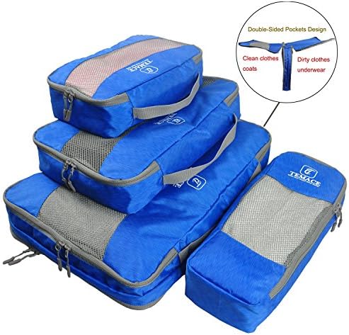 TEMACE 4 Set Double-Sided Various Sizes Packing Cubes With Extensible Storage Mesh Bags - Travel Luggage Packing Organizer Instead of Laundry Bag and Shoe Bag and Wash Bag Blue