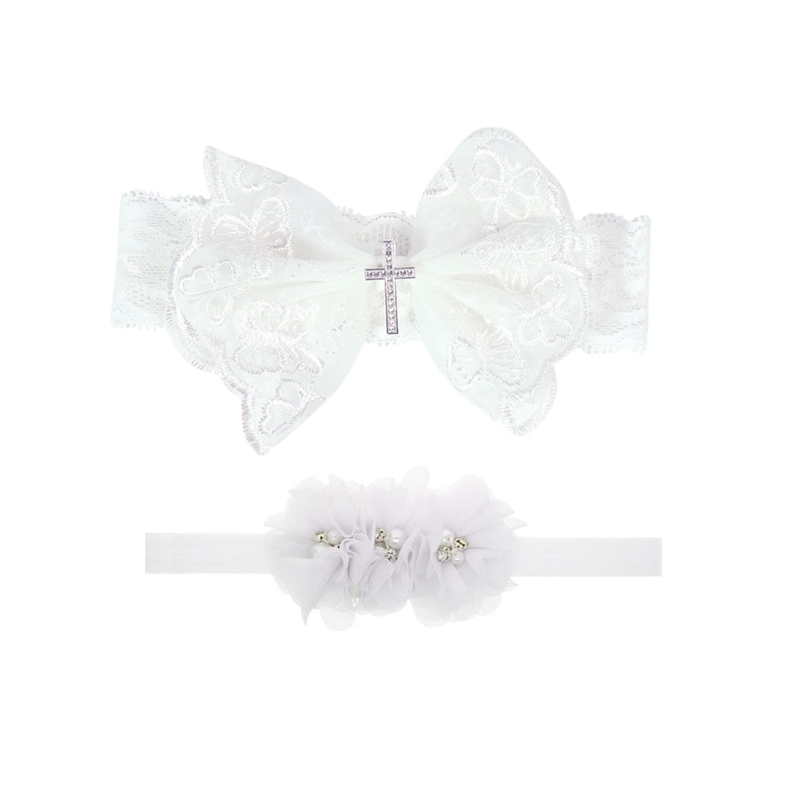 Nishine 2 Pack Christening Headband for Babies with White Bow for Children (Cross Button)