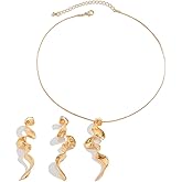 Mexegy Vintage Gold Twisted Geometric Dangle Earrings Necklace Set for Women,Dainty Snake Bone Chain Statement Pendant Necklace,Trendy Jewelry Accessories Gifts
