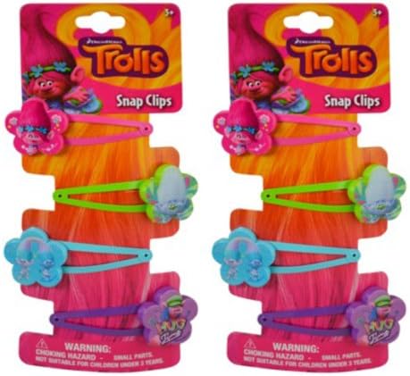 Hair Snap Clips Barrets with Plastic Motifs (8 clips, Trolls (Flower Shape))