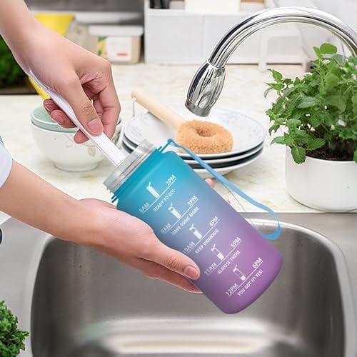 Garrafa de água infantil, 500ml com palha, cantil infantil, à prova de fugas, garrafas de água para crianças, com marcador de horas, cantina, para escritório, escola, yoga, azul roxo