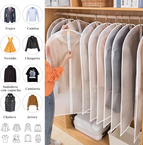 10 Pzs Protector de Ropa Colgante, Fundas Ropa Transparente con Cremallera Completa Antiestático, Anti-Polvo y Transpirable, Reutilizable Portátil Bolsa de Ropa para Trajes, Chaquetas, Faldas