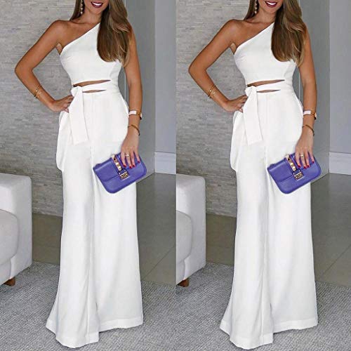 Sunyastor One Shoulder Jumpsuits for Women Elegant Night Sexy Casual Summer Rompers Wide Leg Shorts Long Pants Belt Pockets White
