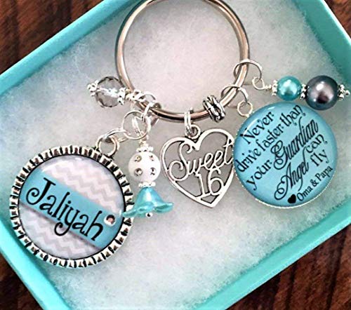 Sweet 16 Keychain personalized with name never drive faster than your guardian angel can fly, YOUR CHOICE OF COLOR