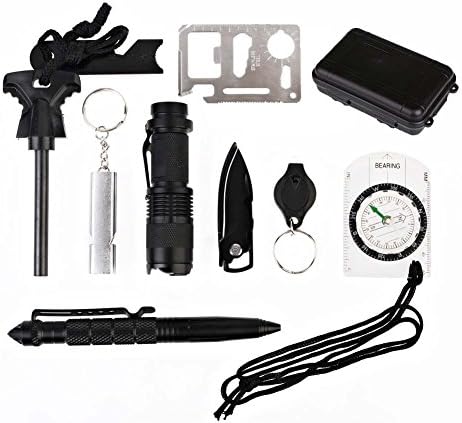 PINSV 10 in 1 Survival Kit Outdoors ultimate Emergency Kits ,10 Piece in One Survival Gear(Defensive Pen, Fire Starter, Flashlight, Whistle, Compass and more)