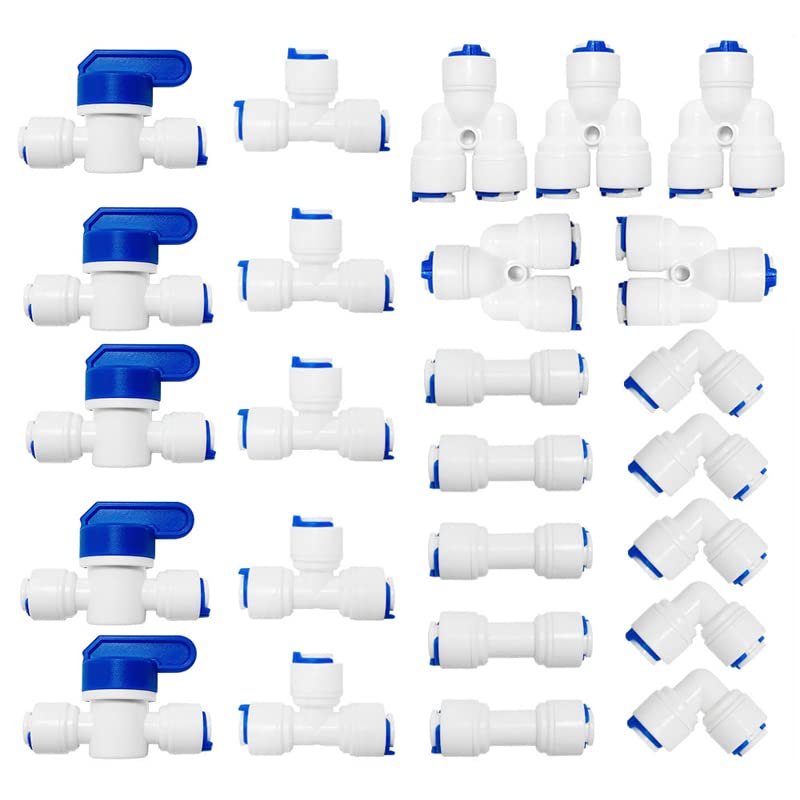 Water Inlet Pipe Universal Connection Set, RO Water Filter Fitting, 1/4 Inch (6 mm) OD Straight/Elbow/T-Piece/Y-Piece Quick Plug Connection for Water Pipe, Ice Machines, Drink Output, Pack of 25