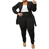 IyMoo Women's Plus Size Two Piece Open Front Long Sleeve Blazer and Elastic Waist Solid Pant Set Suit