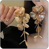 Gold Flower Dangle Earrings for Women Vintage Gold Silver Hollow out Earrings Statement Exaggerate Tassel Drop Earring CZ Simple Classic Jewelry