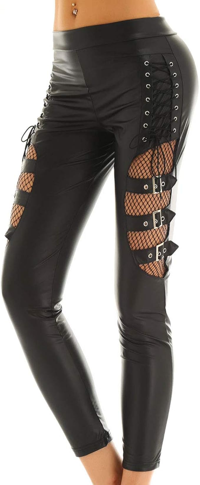 TiaoBug Women's Trim Punk Night Club Laceup PU Leather Pants