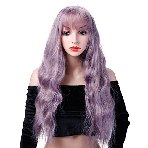 SHANGKE Women's Grey Wig Long Curly Wigs Natural Light Purple Cosplay Wig Synthetic Hair Wig +Free Wig Cap