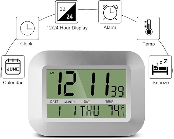 Heqiao Digital Wall Clocks 2 Alarms Silver W Black Stylish Silent Desk Clock Easy Read Large Lcd Alarm Clock W Calendar Temperature For Home Office Desk Shelf Clocks