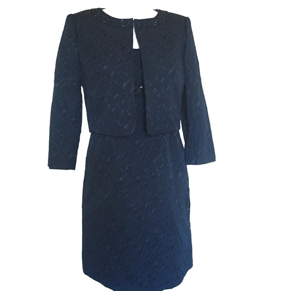 TAHARI Bead Embellished Jacquard Jacket/Dress Suit-BLACK-0P