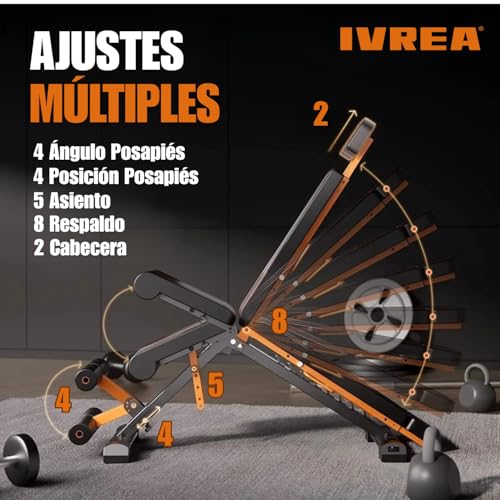 IVREA Banco de Pesas Ajustable y Plegable de Alta Resistencia – Banco Multifuncional Ajustable con Base Extra Ancha, Capacidad de 400 kg - Negro/Naranja