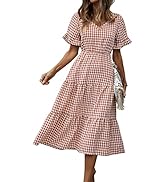 KAYWIDE Women's Dress Casual V Neck Plaid Dresses Ruffle Short Sleeve A-Line Loose Fit Tiered Flo...