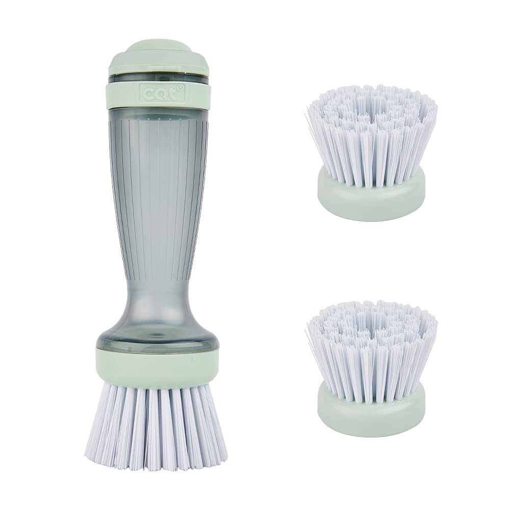 CQT Dish Brush with Soap Dispenser – One-Press Suds, Built-in Scrubbing Pad, Non-Slip Handle for Pots, Pans & Non-Stick Cookware – Includes 2 Refill Heads