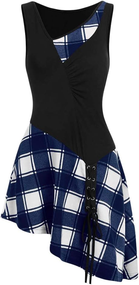 KCatsy Women Asymmetric Lace Up Sleeveless Skew Collar Casual Dress