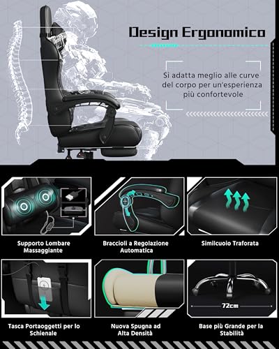 Yaheetech Ergonomic Massage Reclining Gaming Chair with Footrest, Headrest and Lumbar Support Faux Leather Padded Armrests, Gamer Desk Chair with Swivel Casters, Black