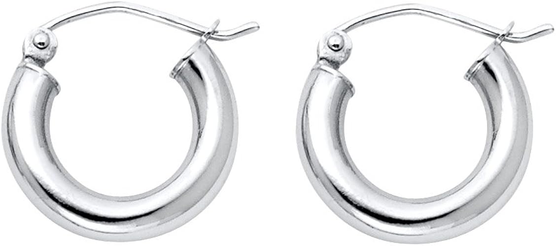 14k White Gold 3mm Thick Plain Hoop Earrings, (14mm X 14mm