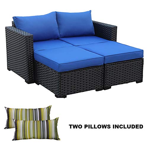 3-Piece Patio Rattan Wicker Conversation Sofa Set,Outdoor Rattan Sectional Loveseat and Ottoman Furniture Set, Royal Blue Cushion/Black Wicker