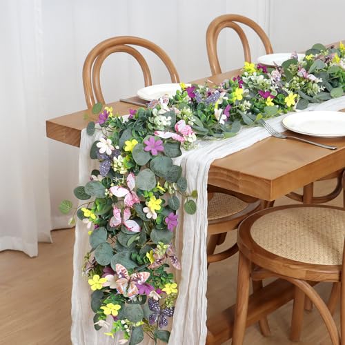 ASTNIC 2 Pack 5.68FT Artificial Eucalyptus Flower Garland with 3D Butterfly, Fake Hanging Plants Floral Vines Greenery Daisy Eucalyptus Garland for Wedding Backdrop Arch Wall Party Table Runner Decor