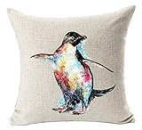 Nordic Simple Ink Painting Watercolor Animal Adorable Colorful Penguin Cotton Linen Throw Pillow Case Personalized Cushion Cover NEW Home Office Decorative Square 18 X 18 Inches Christmas Gift