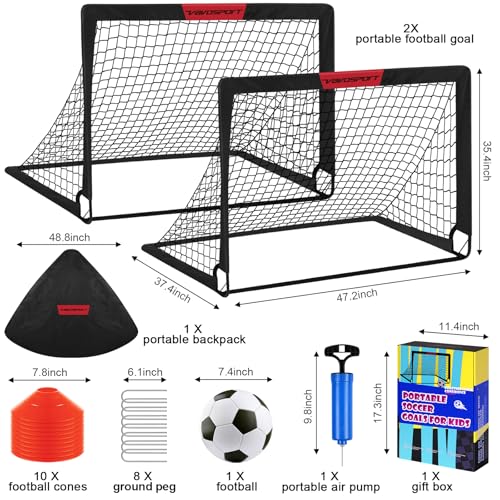 Kids Football Goals for Garden Set – 2 x 4ft x 3ft Portable Football Goals with Size 3 Ball, Pump, Cones & Carry Bag, Pop-Up Kids Football Net, Outdoor Garden Football Training Equipment Boys Gifts