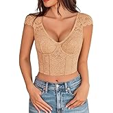 Avidlove Corset Tops for Women Floral Lace Bustier Cap Sleeve Crop Top Sexy V Neck Going Out Outfit with Buckle