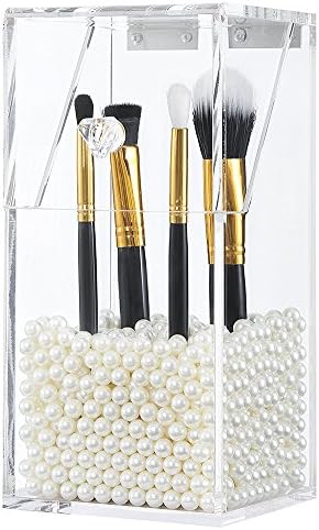 Zidetang Clear Acrylic Makeup Organizer Makeup Brush Holder Dustproof Storage Box Premium Quality 5mm Thick Acrylic Makeup Organizer White Pearl, Large (L, W)