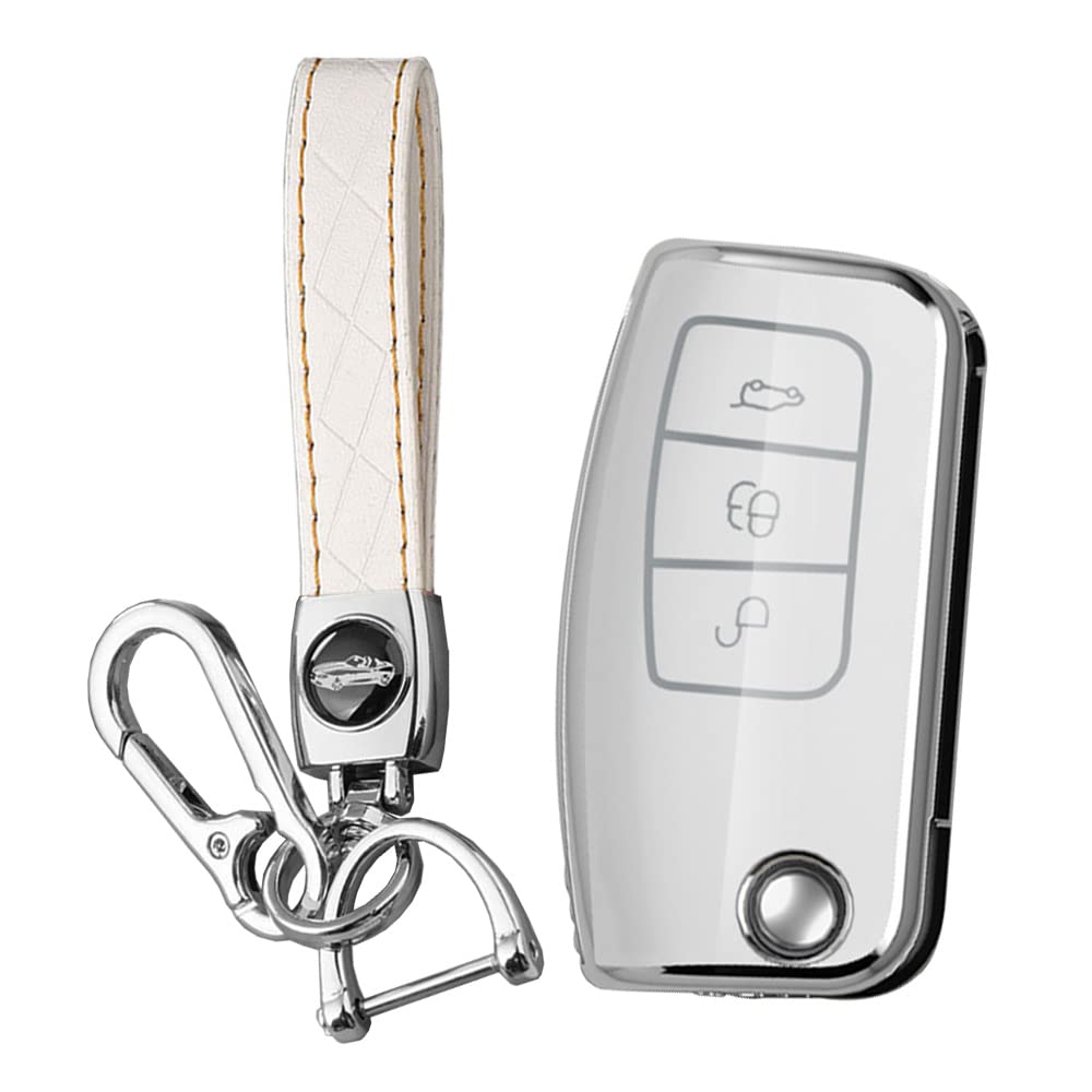 KUNIO Key Cover fit ford Fiesta Focus Galaxy Fusion S-Max Kuga Ecosport Key Cover TPU Folding Car Key Case Keychain Keyring Key Holder 3 Buttons A White