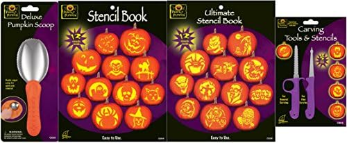 Halloween Pumpkin Carving Bundle of 4 Items, Ultimate Stencil Book, Stencil Book, Deluxe Pumpkin Scoop Spoon, and Carving Tools (2 Pack) (Purple)