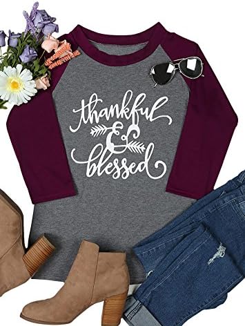 HDLTE Women's Thanksgiving Thankful Blessed Print O-Neck Casual Raglan 3/4 Sleeve T-Shirt