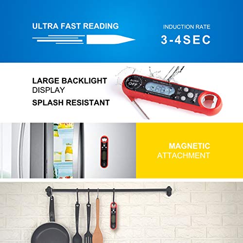 Meat Thermometer NOOPEL Digital Instant Read BBQ Thermometer IP67 Waterproof with Calibration and Large Backlit Light for Food Cooking Candy Grill Smokers Barbecue Baking Turkey (Red) - Thumbnail 5