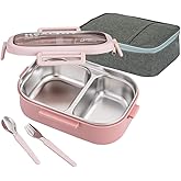 Lille Home 28oz Stainless Steel Leakproof 2-Compartment Bento Lunch Box/Portion Control Food Container with Lunch Bag and Cutlery Set, BPA Free (pink)