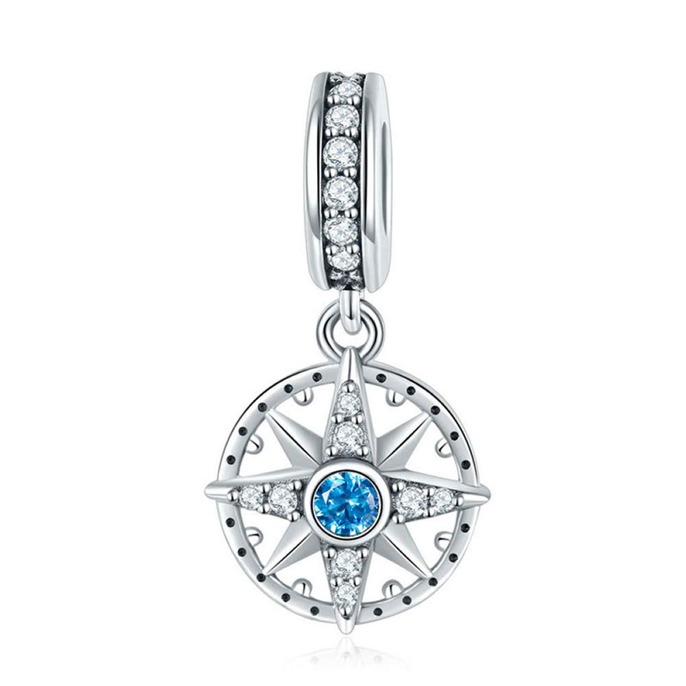 Bijoux Blu Blue Compass 925 Sterling Silver Sparkling Nautical Compass Star Clear CZ Pendant Charms Fit Bracelets & Necklaces DIY Jewellery