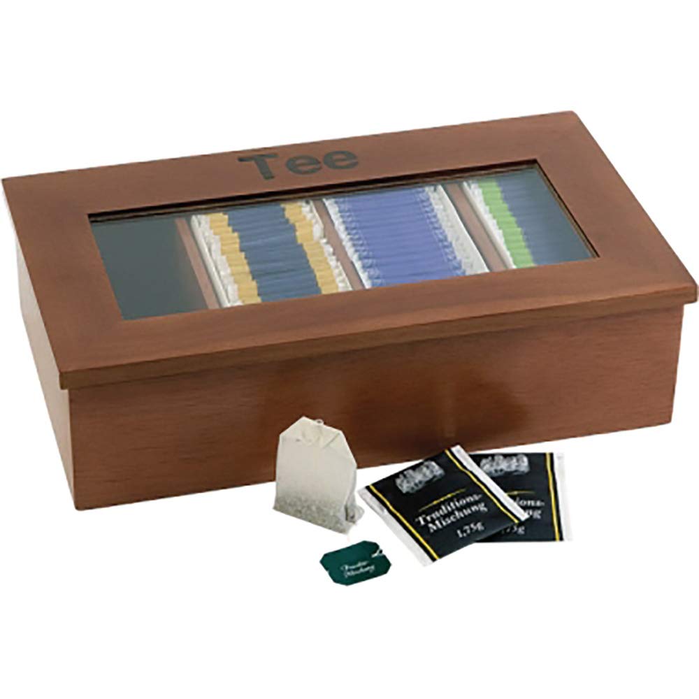 APS Tea Box - Premium Wooden Tea Box with Viewing Window, 4 Chambers for 30 Enveloped Tea Bags, Lid Stays Open