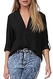Dearlovers Women V Neck Solid Loose Casual Cuffed Long Sleeve Blouses