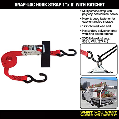 S-HOOK STRAP 1"x8' RATCHET (USA!) with Hook & Loop storage fastener