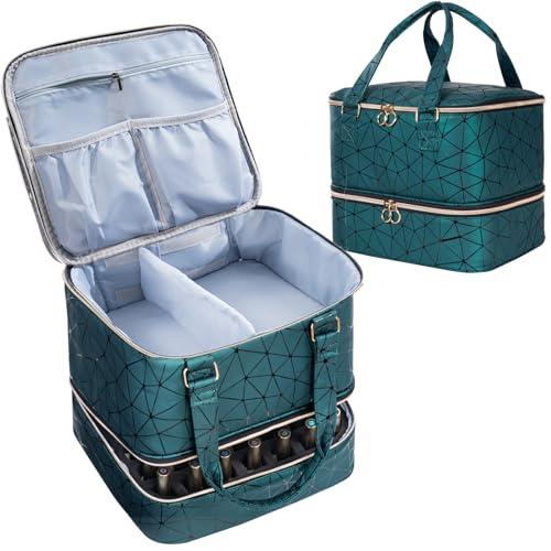 Uross Nagellack Organizer für 42 Nagellackflaschen und 1 LED-Nagellampe, Nagellack Aufbewahrung Tasche für Nageldesign Zubehör(Dunkelgrün)