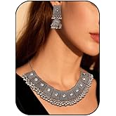 Quizzhe Ethnic Bell Beaded Necklace Bell Charm Earrings Vintage Tribal Necklace Chunky Necklace for Women Statement Jewelry Set