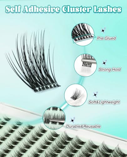 Obeyalash YLB09 Press E Go Lashes 130 Self-Adhesive Cluster Lashes Press and Go Lashes Wispy C Curl 8-14mix No Glue Eyelashes Self Adhesive Eyelash Natural Stick On Lash Resuable (YLB09)