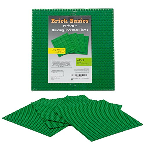 Lego Compatible Baseplate, Green, Large (10" x 10"), 4 Pack by Brick Basics