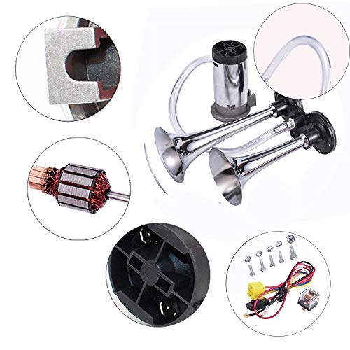 MKING 12V 150dB Car Air Horn Kit, Super Loud Twin Tone Chrome Plated Zinc Dual Trumpet Air Horn with Compressor for Any 12V Vehicles Car Truck RV Van SUV Motorcycle Off Road Boat (Silver)