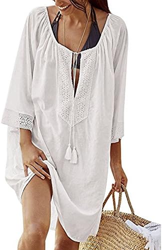 Women's Beach Wear Swimsuit Cover Up For Bikini Women's Swimsuit Cover Up Swimwear Batwing Sleeve Solid Bikini Beach Dress (1 Style White)