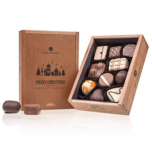 CHOCOLISSIMO Schokolade Geschenk - 10 handgemachte Pralinen in einer schicken Holzbox - Weihnachtsschokolade, Geschenkidee Weihnachten, Nikolaus, Advent - für Frauen, Männer, Eltern - Merry Elegance