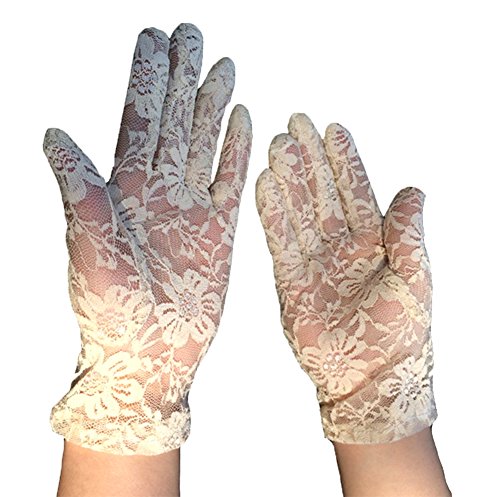 Honeyveil Women's Short Vintage Floral Lace Wrist Length Fullfinger Gloves,Short,A: Beige - Thumbnail 2