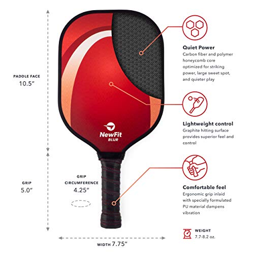 NewFit Blur Pickleball Paddle - USAPA Approved - Graphite Face & Polymer Core for a Quiet and Light Racket (Red Single)