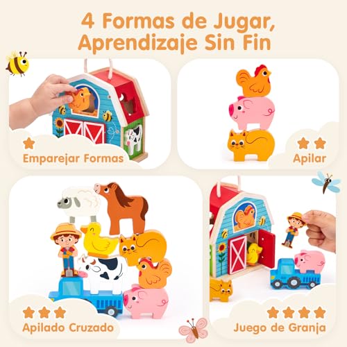 hahaland Montessori Toys 1 Year Old, 4 in 1 Farm Toy with 7 Animals & Barn, Wooden Stacking and Sorting Game, Gift for Kids Ages 1-3