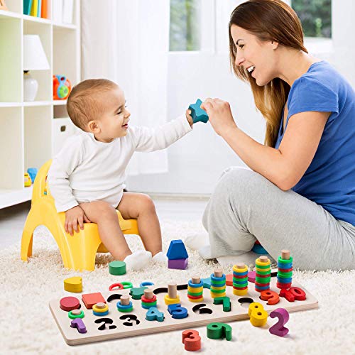 3-in-1 Wooden Blocks Puzzle Board Set, Math Toddler Kids Early Education Shape Sorter Counting Numbers 0-10 Ring, Learning & Educational Toys for Number Counting, Shape Sorting, Colors Stacking