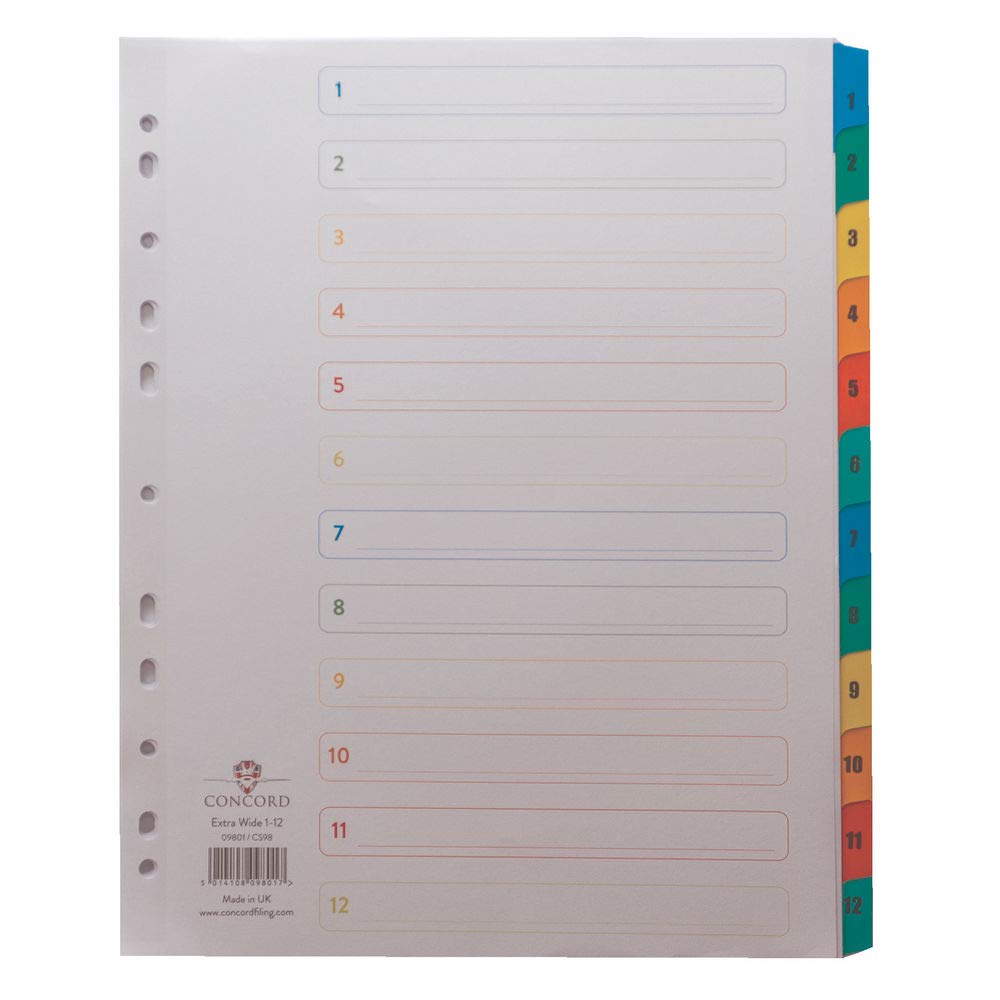 Concord Punched Pocket Index Multicolour-tabbed Europunched 1-12 Extra Wide A4 White Ref CS98