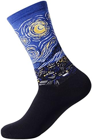 4-Pack Men&amp;Women's Famous Artwork Print Crew Socks, Alternative Novelty High Dress Socks Cotton, Multicolors, One Size (Starry Night)